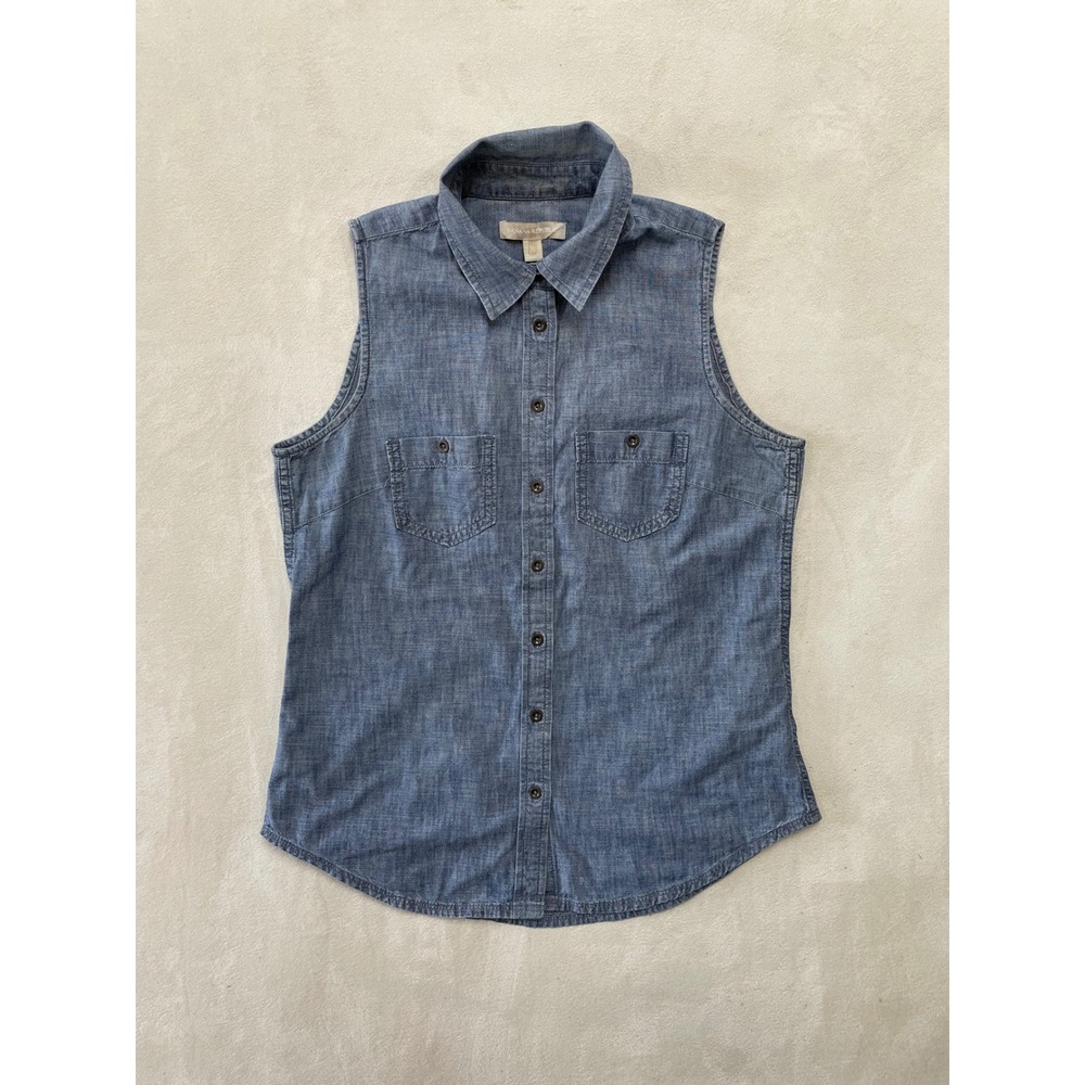 Banana Republic Womens Blue Sleeveless Chambray Cotton Button Down Shirt Small